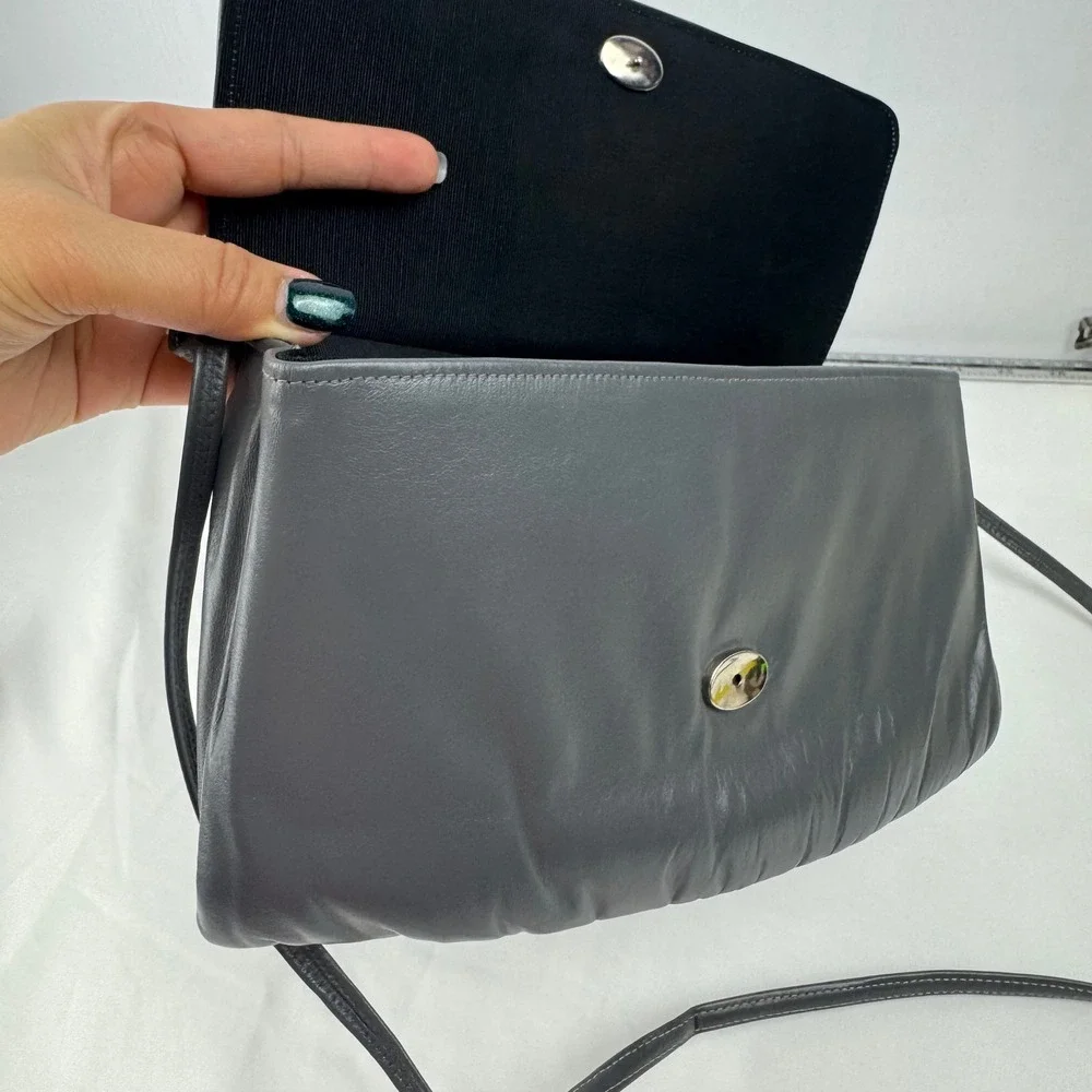 Vintage Mardane USA Gray Leather Ruched Foldover Clutch‎ Shoulder Bag